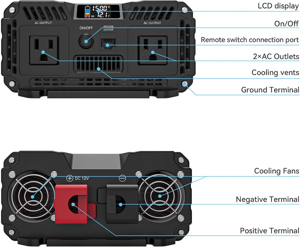 ALLWEI 1500W Pure Sine Wave Inverter 12V DC to 110V AC Converter, Surge 3000W | Power Inverters for Vehicles with 2 AC Outlets, RV Truck Boat Home Outdoor & Off-Grid Solar Inverter, Smart LCD Display