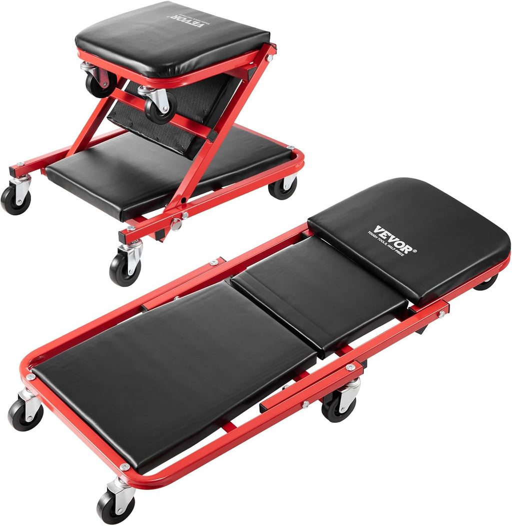 VEVOR Foldable Z Garage Creeper, 36 in, 300 lbs Load Capacity Rolling Folding Mechanic Creeper Stool, with 6 Wheels Tool Tray Padded Seat Steel Frame, Lay Down or Sit Chair for Garage Shop or Home