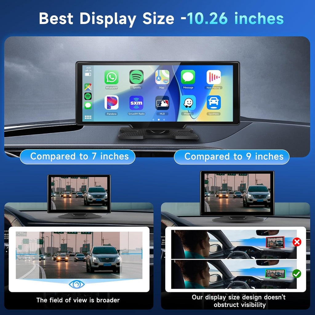 Podofo 10.26" Touchscreen Wireless Carplay Portable Car Stereo Android Auto, Car Play Navigation, Voice Control, Bluetooth/AUX/FM, Car Radio Receiver