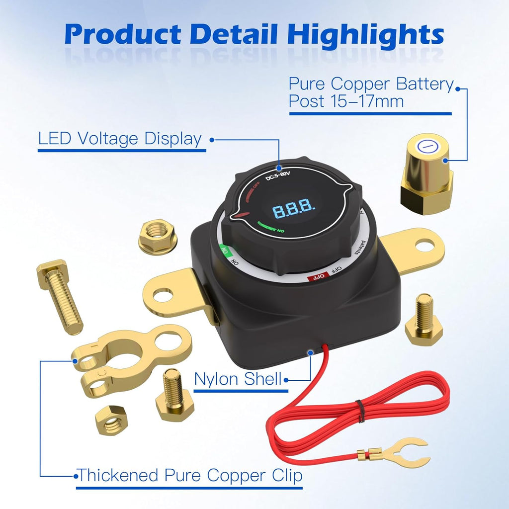 MaySpare Top Post Battery Disconnect Switch with Digital Voltage Display, DC 5-80V On Off Kill Switch, Voltmeter Power Cut Master Disconnect Isolator for Car RV Marine Boat Camper Truck Trailer