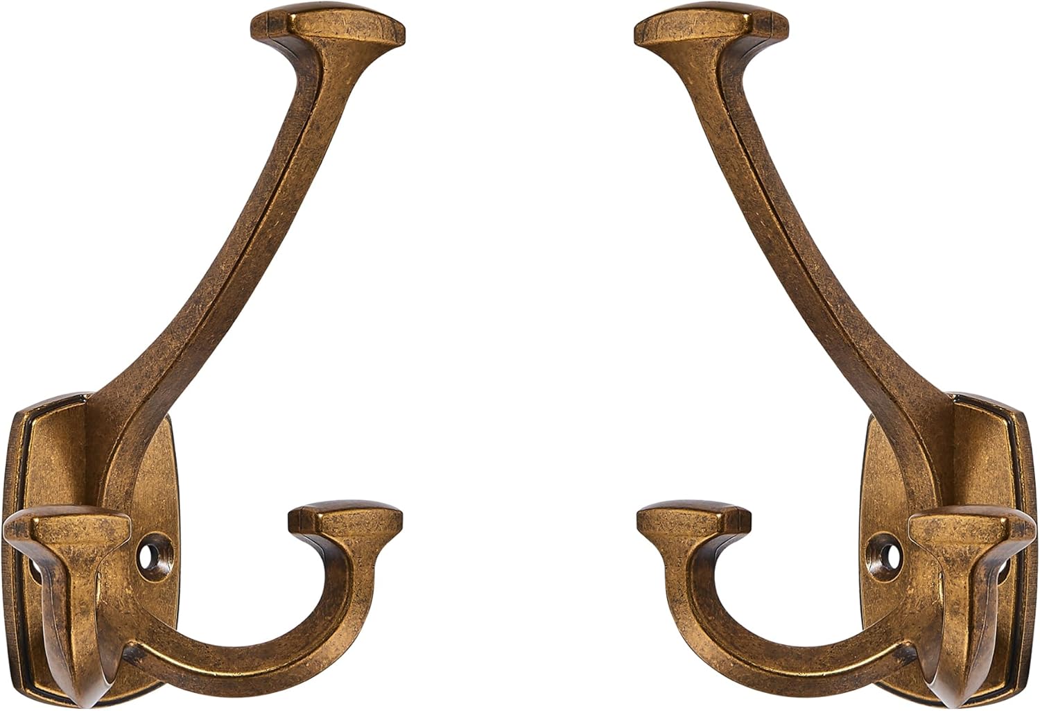 Large Wall Double-Sided Hook 5 Pack Antique Brass Hook Decorative Heavy Duty Solid Large Coat Hooks for Towel Hanging Coats Robe Towel Bags Door Back 2 Prong Hooks