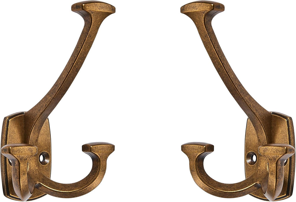 Large Wall Double-Sided Hook 2 Pack Antique Brass Hook Decorative Heavy Duty Solid Large Coat Hooks for Towel Hanging Coats Robe Towel Bags Door Back 2 Prong Hooks