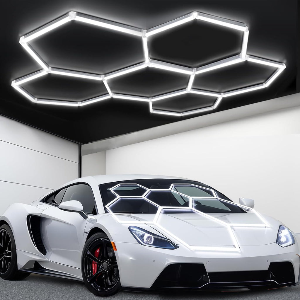 tewei Hexagon LED Garage Light, 6 Grids Hexagon Car Detailing Lighting Fixture 6500K Daylight White LED Shop Light, 265W, 26500LM Super Bright Ceiling Lights for Workshop, Warehouse, Gym, Basement