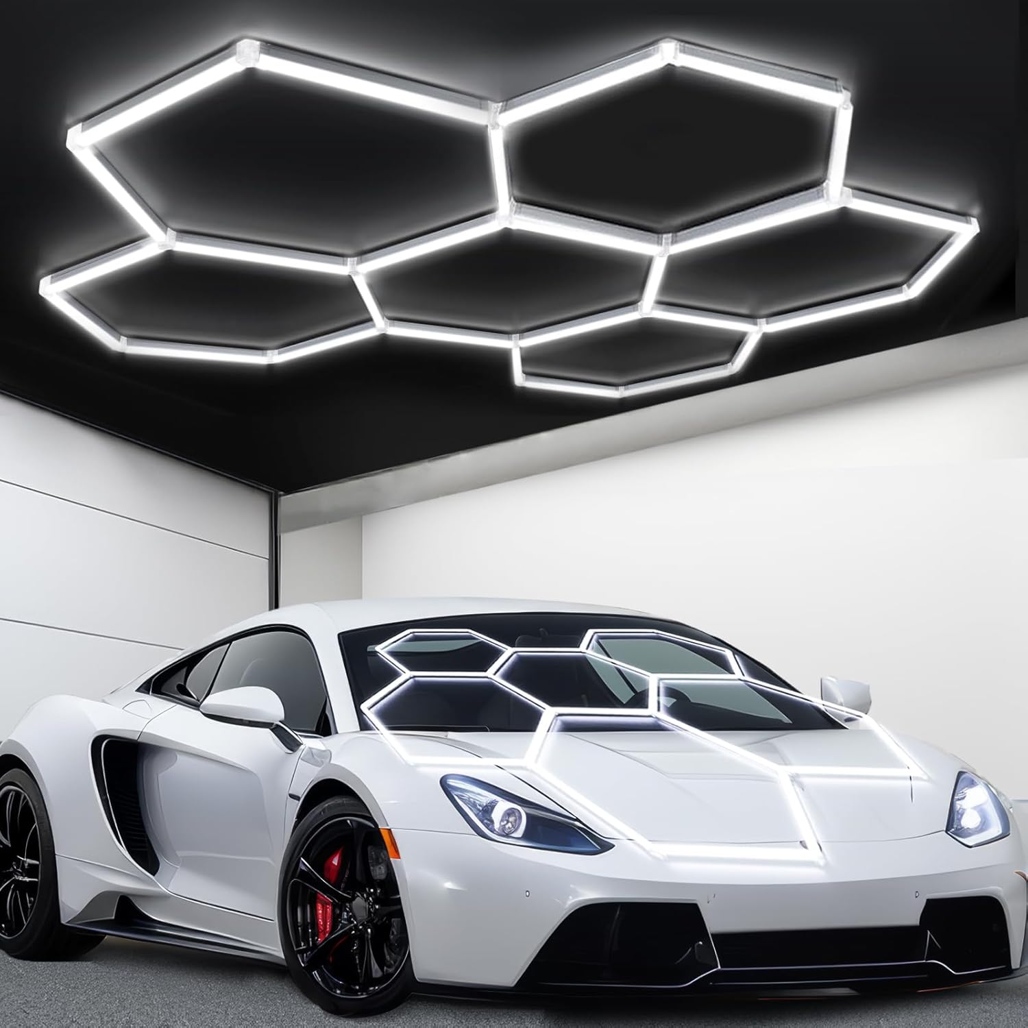 tewei Hexagon LED Garage Light, 6 Grids Hexagon Car Detailing Lighting Fixture 6500K Daylight White LED Shop Light, 265W, 26500LM Super Bright Ceiling Lights for Workshop, Warehouse, Gym, Basement
