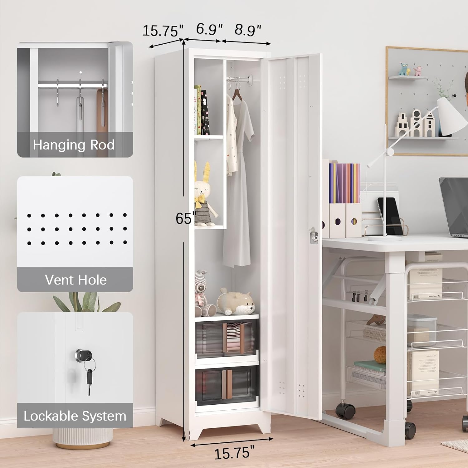 GREATMEET Slim Broom Closet Storage Cabinet, Narrow Utility Closet, 65" Metal Cleaning Supply Storage with Lock and Door,Utility Cabinets for Brooms and Mops for Laundry Room, White