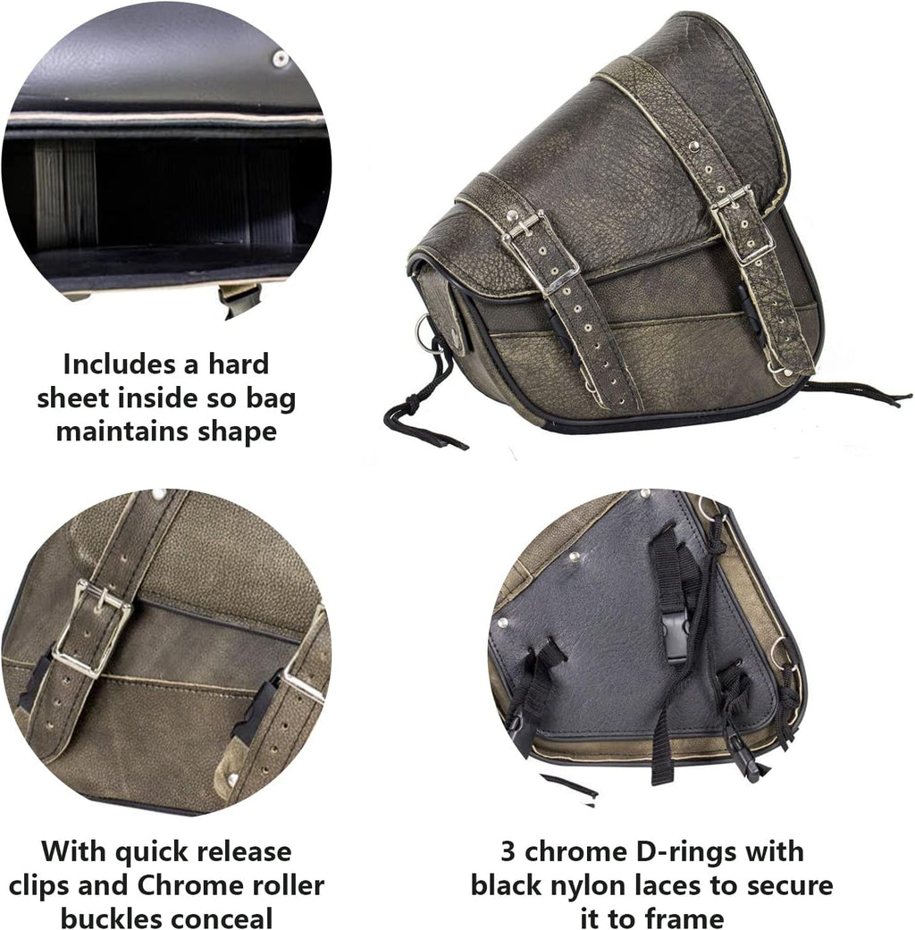 GARGOYLE BELLS Premium Naked Leather Swing Arm Bag For Motorcycle Left Side Solo Bags Saddle Bags For Softails Choppers (Style-1, Brown)
