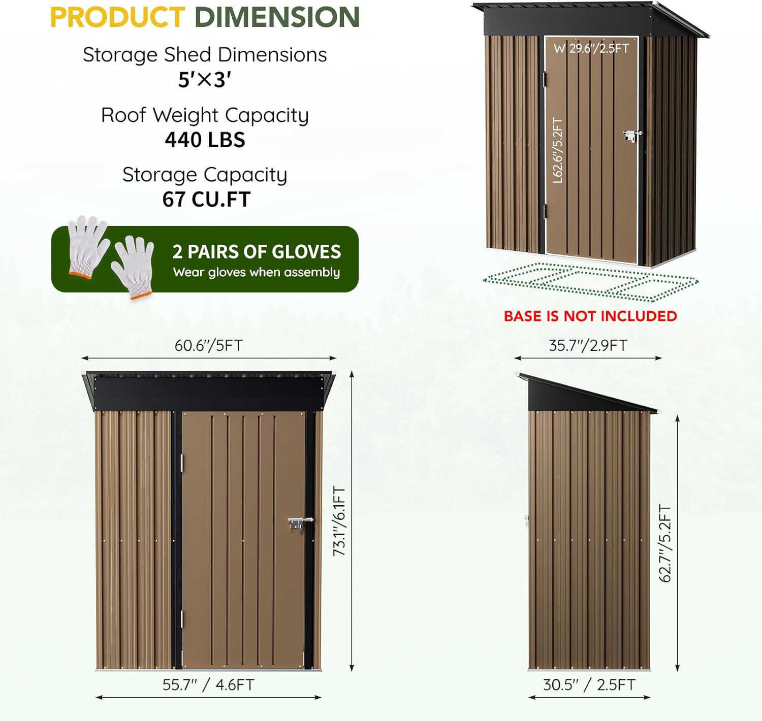 5x3FT Vertical Outdoor Steel Storage Shed, Lockable Doors, Compact Metal Tool Shed for Garden, Backyard, Patio, Utility, and Bike Storage,Brown
