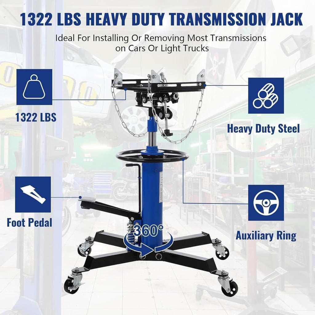 Transmission Jack 1322 LBS Hydraulic Telescoping 2-Stage Lift Jack Stand 33.8"-72.8" High Lift Transmission Jacks with Foot Pedal & 360° Swivel Wheels for for Garage/Workshop Car and Truck Repairs