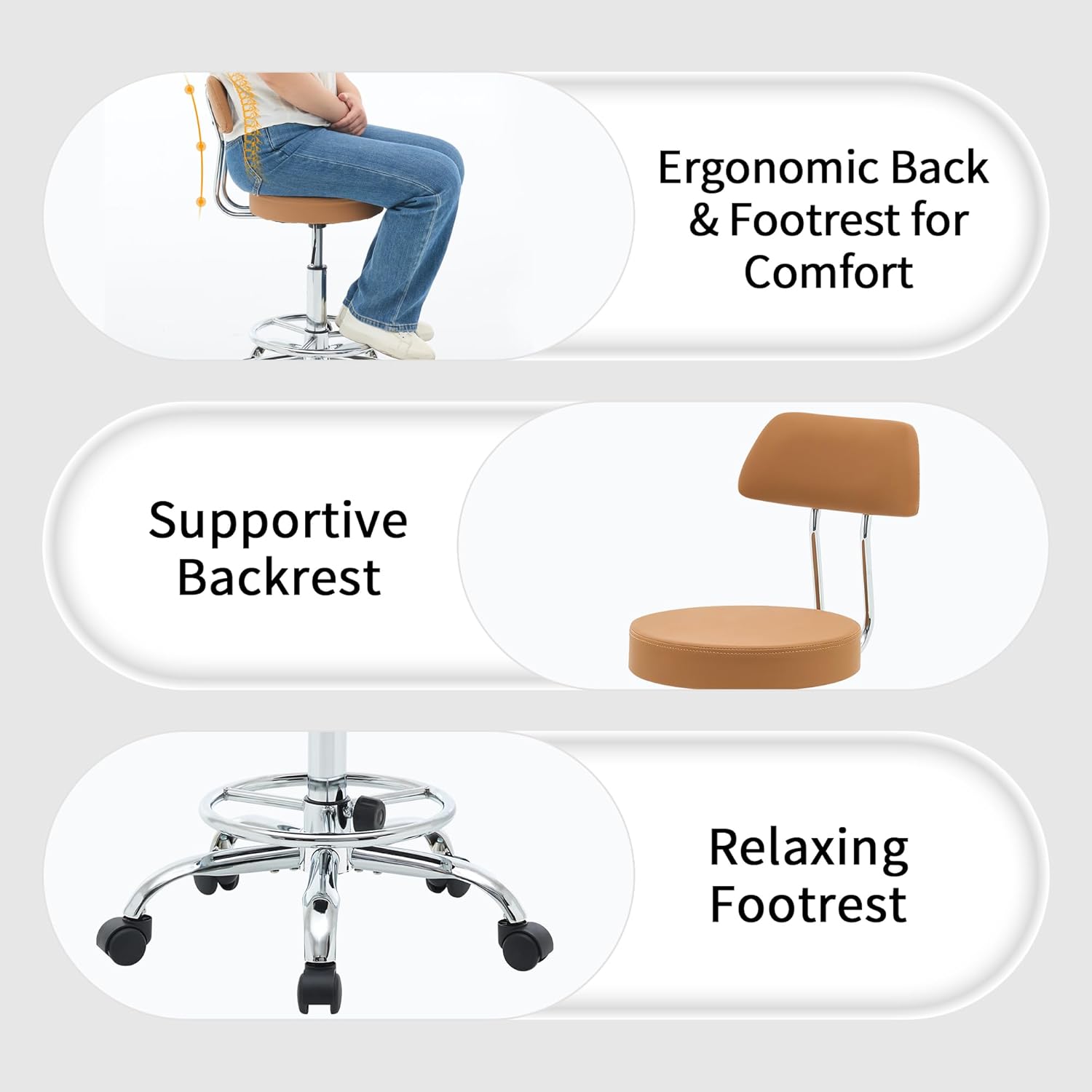 Ergonomic Desk Stool(Sturdy Rolling Stool with Back)(Swivel Armless Office Chair 19.5’’-26.6’’) Adjustable Footrest Salon Chair (Camel Brown)