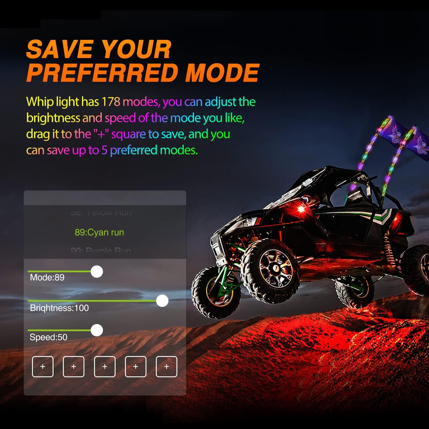 Nilight 2PCS 5FT RGB LED Whip Light with Spring Base Remote App Control w/DIY Chasing Patterns Turn Signal & Brake Lights for ATV UTV Polaris RZR Can-am Dune Buggy Jeep