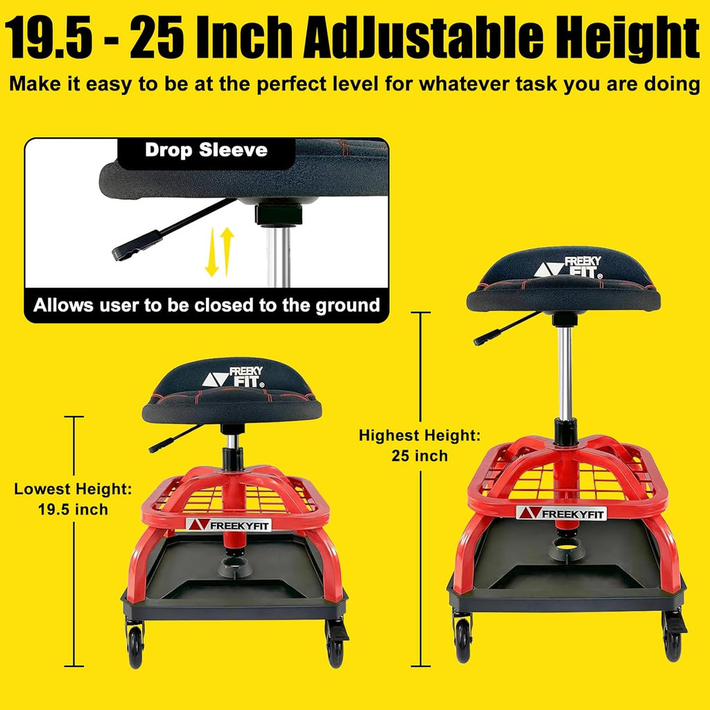 Rolling Shop Stool with Wheels, Garage Work Mechanic Stool with Backrest, Roller Mechanic Chair, Adjustable Height, 360° Swivel, Tool Tray Storage, 330 LBS Capacity, Heavy Duty, Red