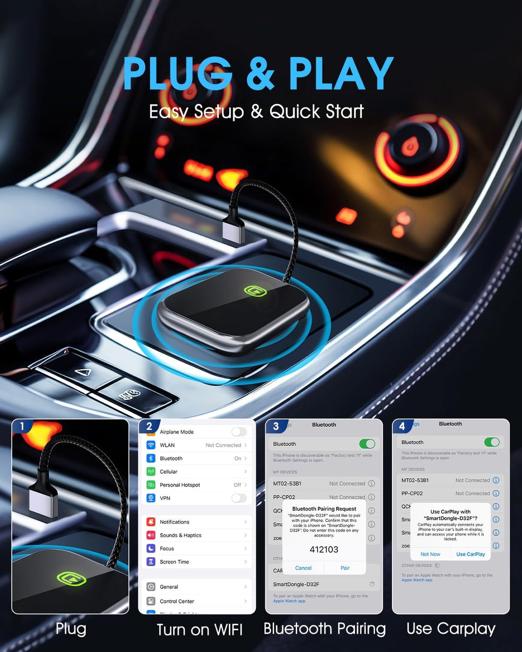 Wireless CarPlay Adapter - Fast & Stable Connection for Carplay Wireless Adapter Convert Factory Wired to Wireless CarPlay Dongle Plug & Play Car Play Fit for iPhone iOS 10+ (Dark Grey)