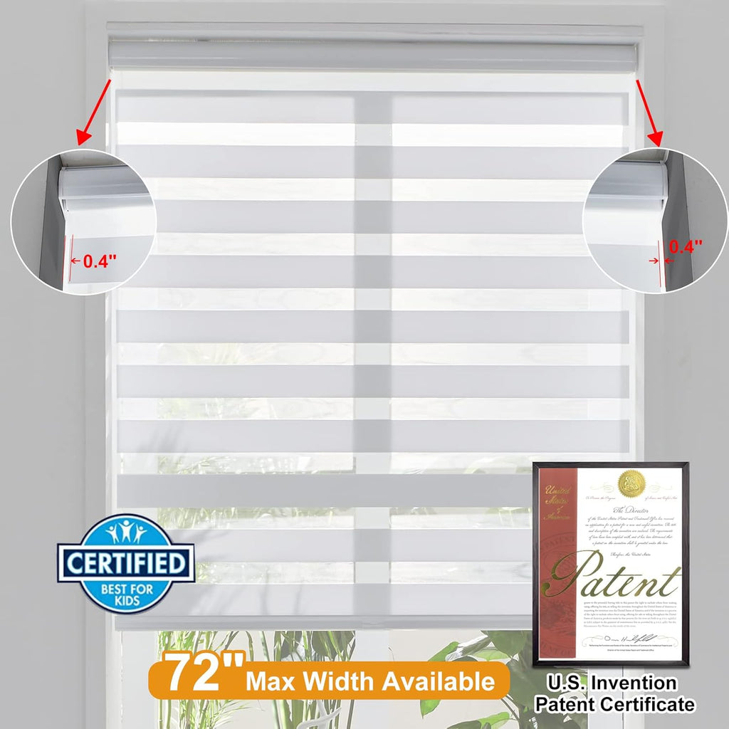 Persilux Cordless Zebra Blinds for Windows Free-Stop Roller Windows Shades (70" W X 64" H, White) Dual Layer Light Control for Day and Night, Light Filtering Sheer Shades for Home, Easy to Install
