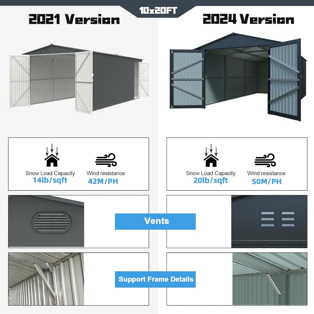 KUIKUI Metal Garage Shed Without Floor, 10x20FT Heavy Duty Outdoor Shed and Storage with 2 Doors and 4 Vents, Car Sheds Outdoor Garage