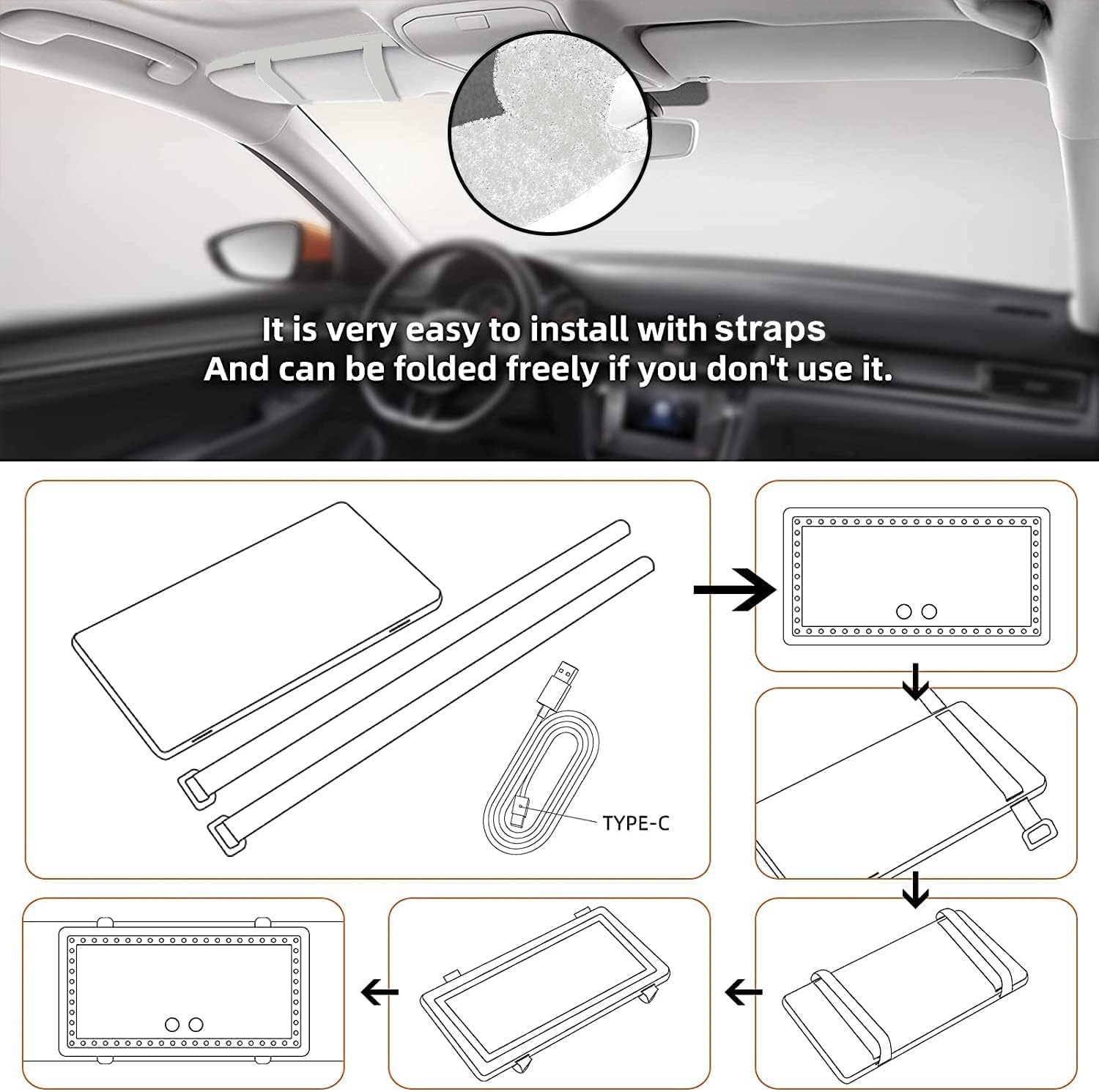 Car Sun Visor Vanity Mirror, Rechargeable Makeup Mirrors with 3 Light Modes & 60 LEDs- Dimmable Clip-on Rear View Sun-Shading Cosmetic Mirror with Touch on Screen, Universal for Truck SUV(Grey)