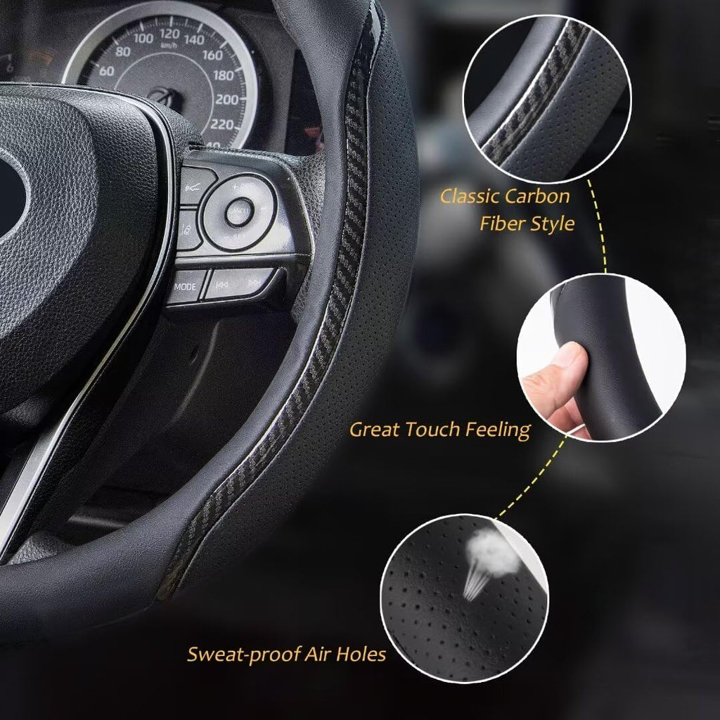 Steering Wheel Cover Black, Carbon Fiber Car Steering Wheel Covers with Coasters Universal 14.5-15 inch Leather Microfiber Breathable Anti-Slip Steering Wheel Accessories Set