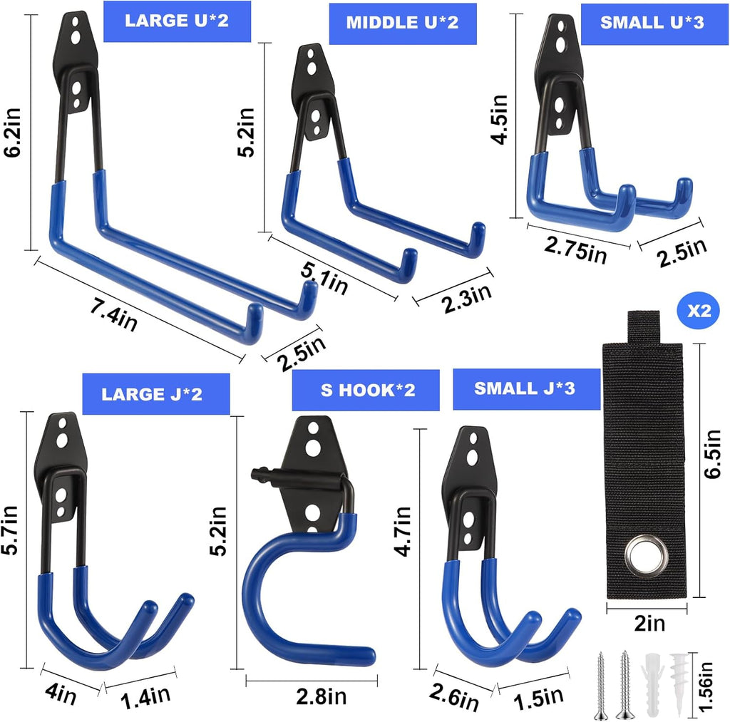 Garage Hook Heavy Duty Wall Storage Hangers, 16 Pack Garage Storage Hooks Steel Tool Organizer Blue for Ladders, Ropes, Garden Tools