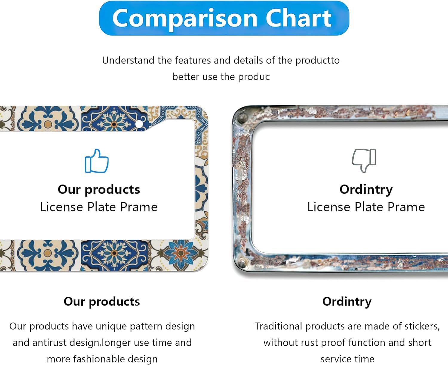 Boho Mexican Tile License Plate Frames - 2 Pcs Set 2 Holes Metal Aluminum Auto Car Accessories Decoration License Plate Frame 12.2 x 6.3 inch for Women Men Gift