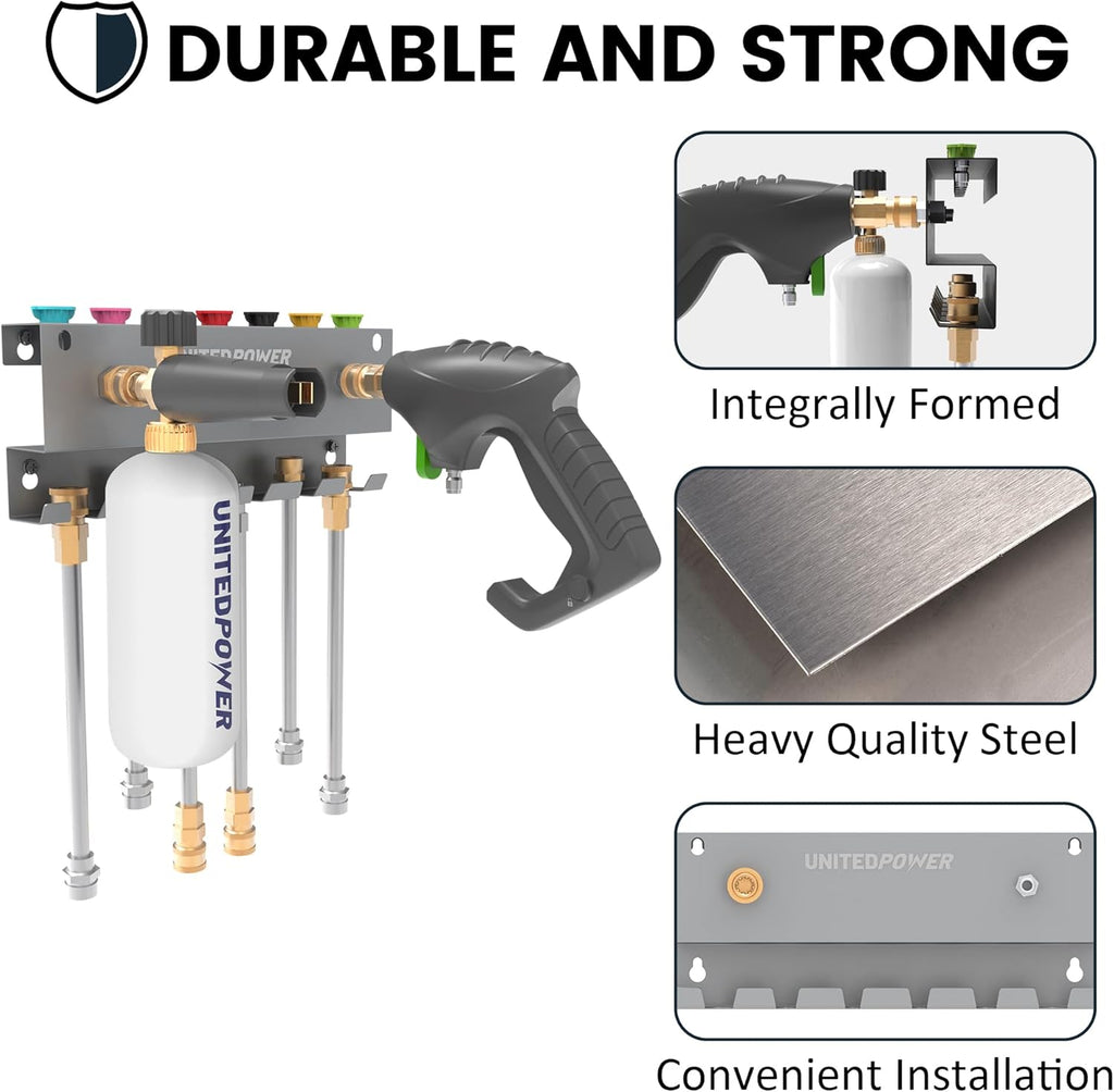 UNITEDPOWER Pressure Washer Gun Holder，Wall Mount Foam Cannon Holder，Tool Storage Rack for Pressure Washer Wand/Nozzle Tips, Car Wash Accessories Organizer, Silver