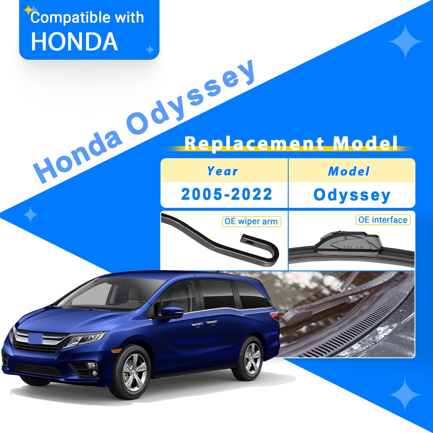 Windshield Wiper Blade Set Replacement for 2005-2022 Honda Odyssey Original Equipment Replacement Front Rear Wiper Blades-26"/22"/16" (Set of 3) U/J Hook