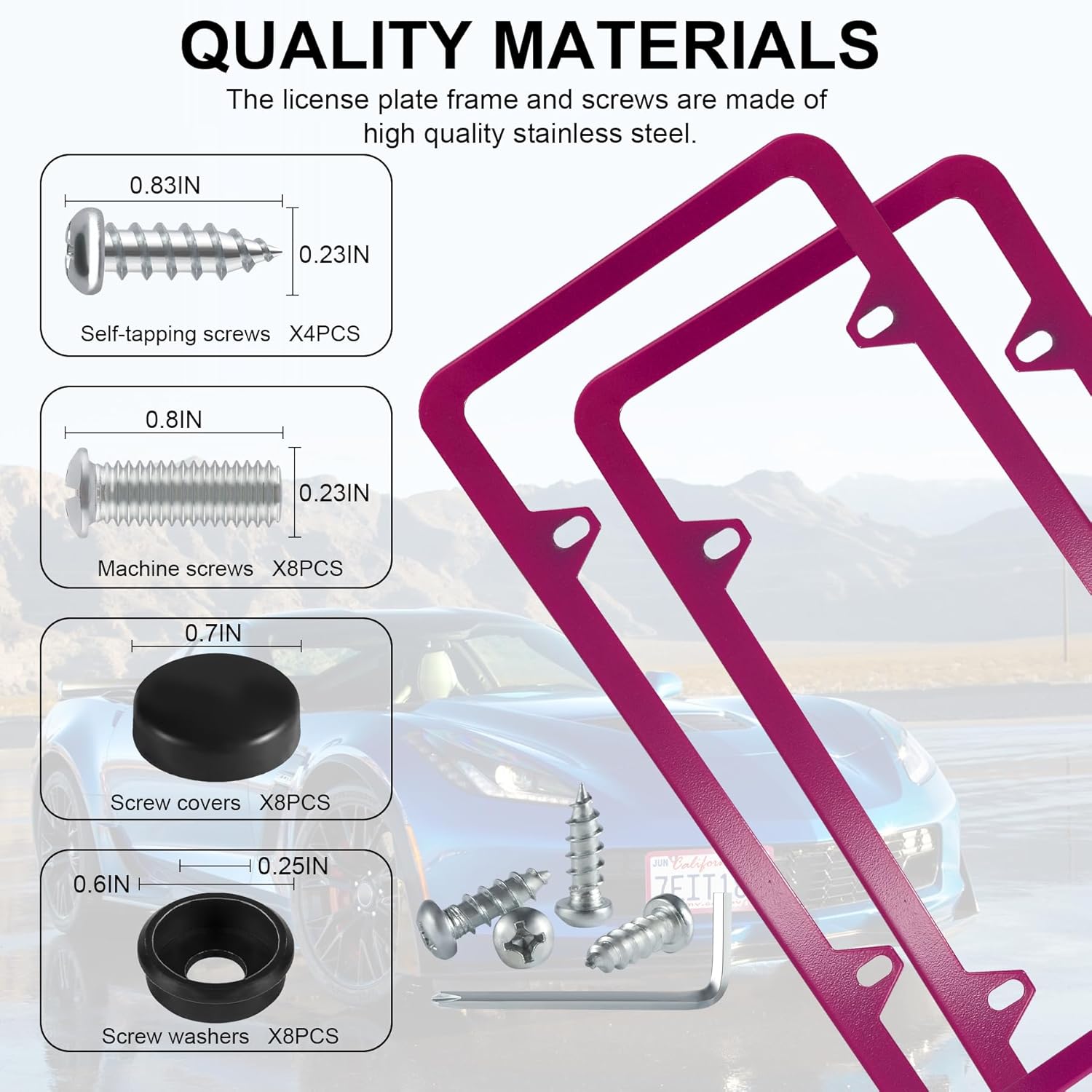 LivTee 4 Holes Stainless Steel License Plate Frames, 2 PCS Car Licence Plate Covers, Automotive Exterior Accessories Slim Design with Bolts Washer Caps for US Vehicles, Hot Pink