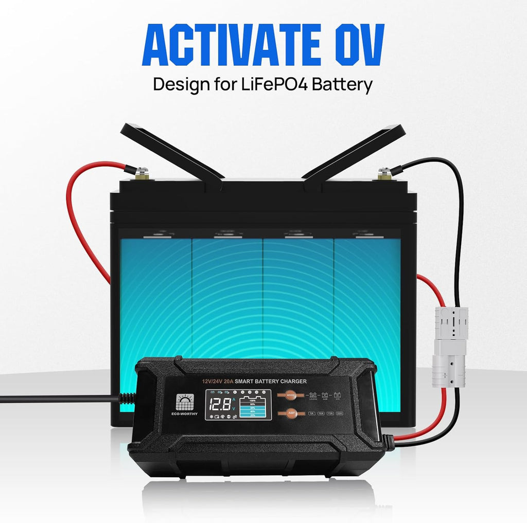 ECO-Worthy 12V/24V 20A Smart Battery Charger Maintainer, Auto Voltage Detect for LiFePO4 Lead-Acid with Multi-Current Options 5A/10A/15A/20A, Trickle Charger for Car Truck Motorcycle Lawn Mower