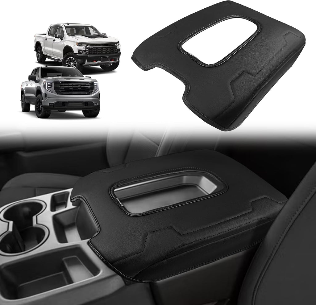 Muslogy Center Console Armrest Cover Compatible with Chevy Silverado & GMC Sierra 2019-2025 Comfort Armrest Pad Arm Rest Cushion Vegan Leather Protector Regular Thick(Jump Seat ONLY)