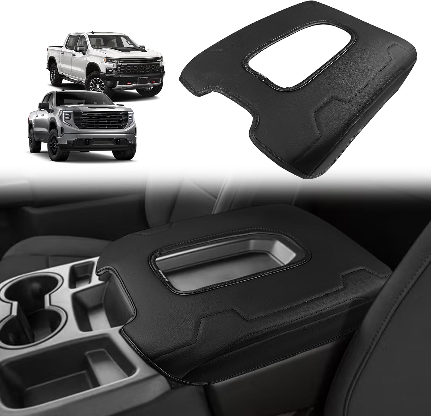 Muslogy Center Console Armrest Cover Compatible with Chevy Silverado & GMC Sierra 2019-2025 Comfort Armrest Pad Arm Rest Cushion Vegan Leather Protector Regular Thick(Jump Seat ONLY)