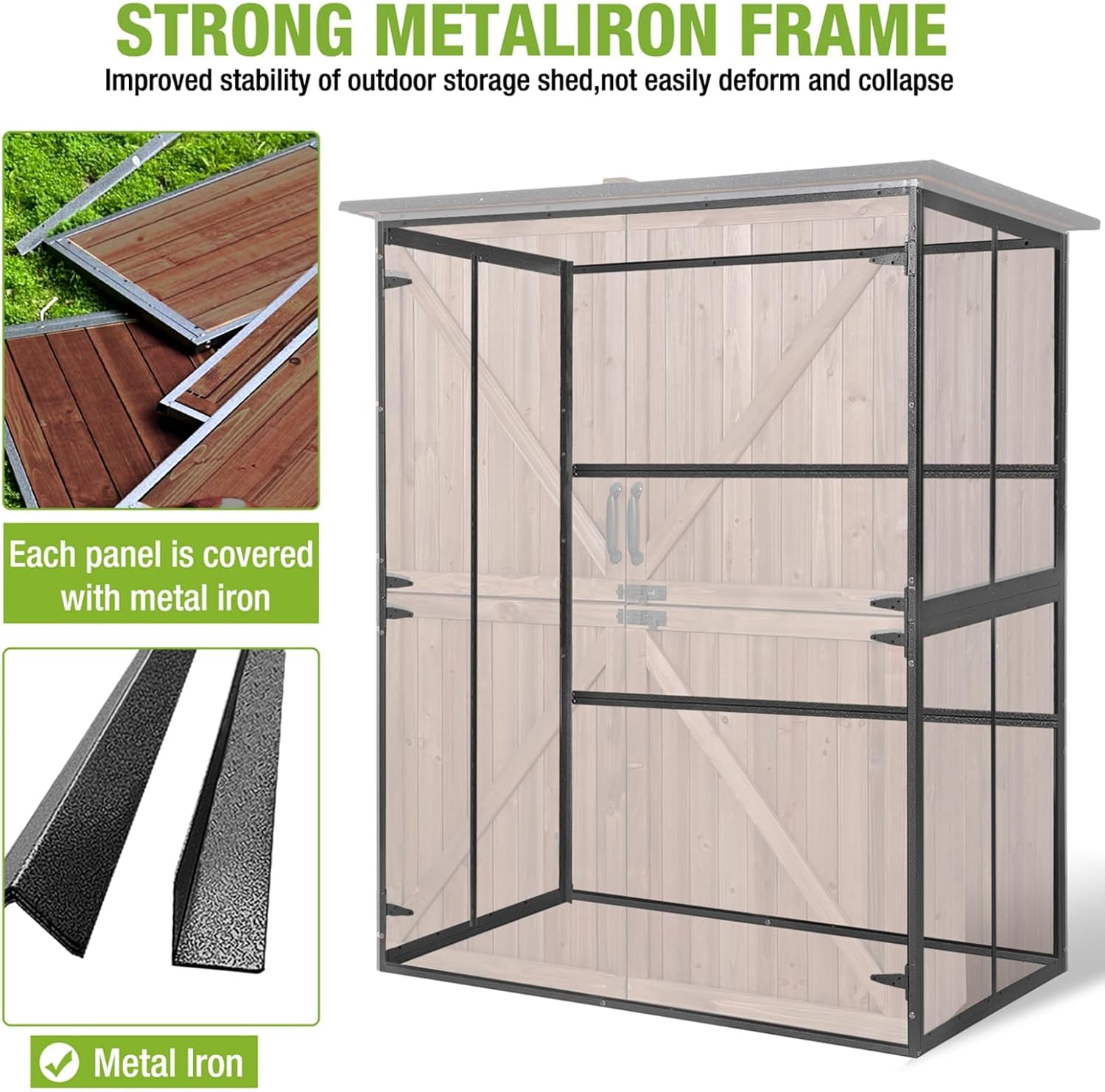 Outdoor Storage Shed Large Cabinet with Strong Metal Frame,Wooden Tool House with Adjustable Shelfs, House Garden Shed for Backyard Garden Patio Lawn