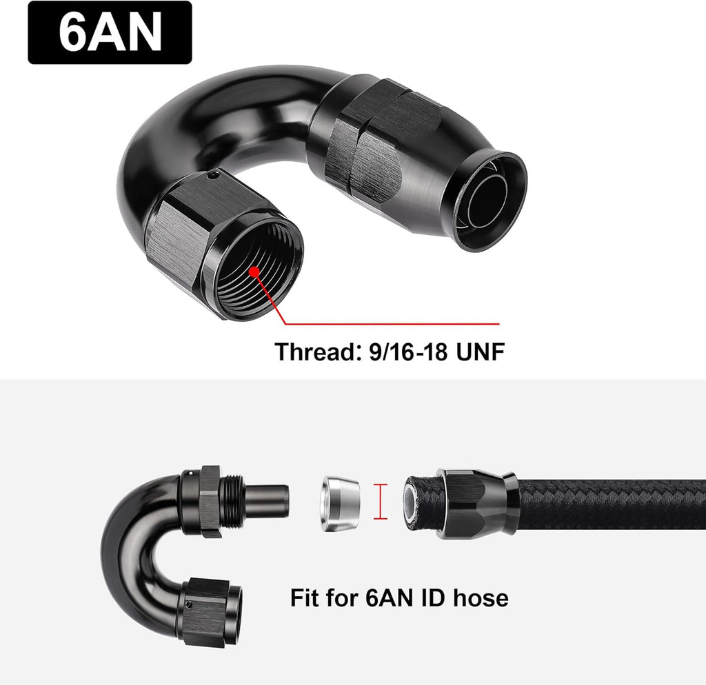 EVIL ENERGY 6AN 180 Degree PTFE One Piece Full Flow End Hose Fitting Aluminum Black