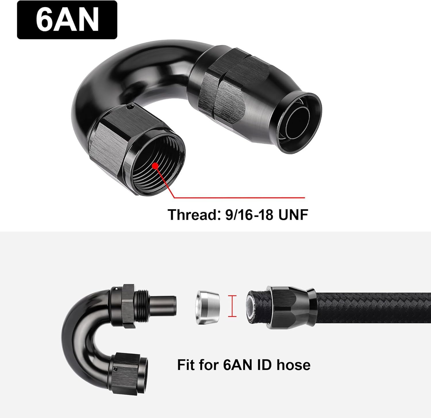 EVIL ENERGY 6AN 180 Degree PTFE One Piece Full Flow End Hose Fitting Aluminum Black