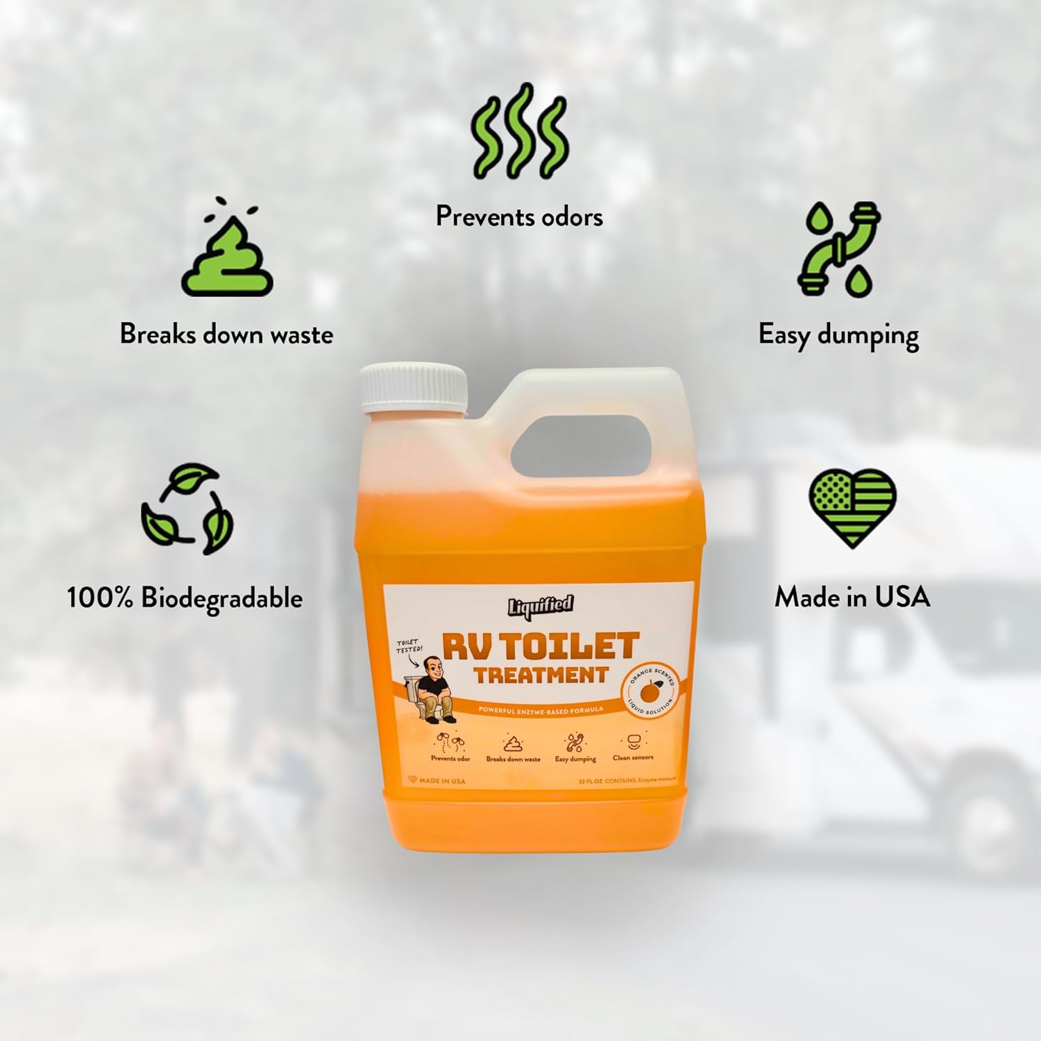 Liquified RV Toilet Treatment - Orange, 32oz Standard Pour Bottles (3-Pack) Odor Control, Waste Breakdown & Septic Safe - Made in USA