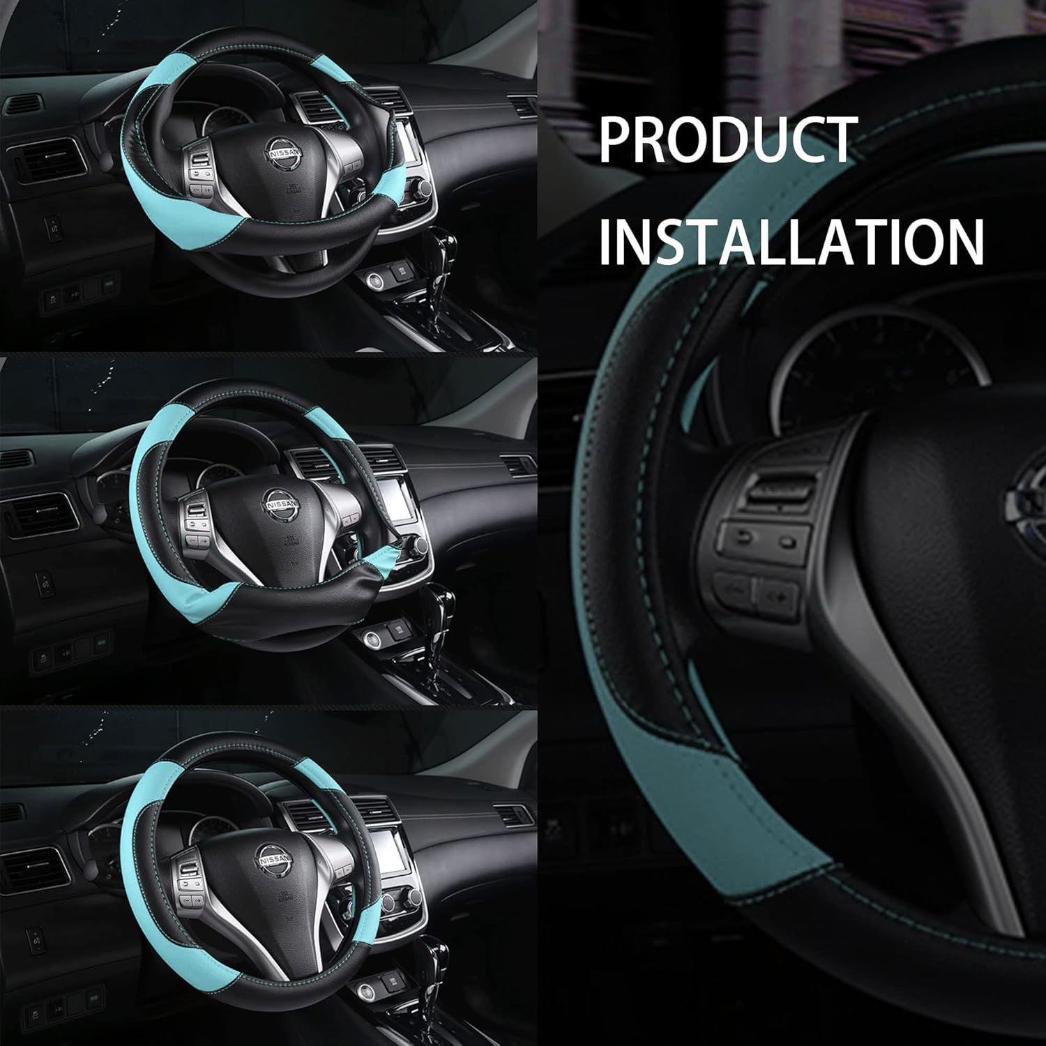 Leather Car Steering Wheel Cover, Non-Slip Car Wheel Cover Protector Breathable Microfiber Leather Universal Fit for Most Cars (Blue)