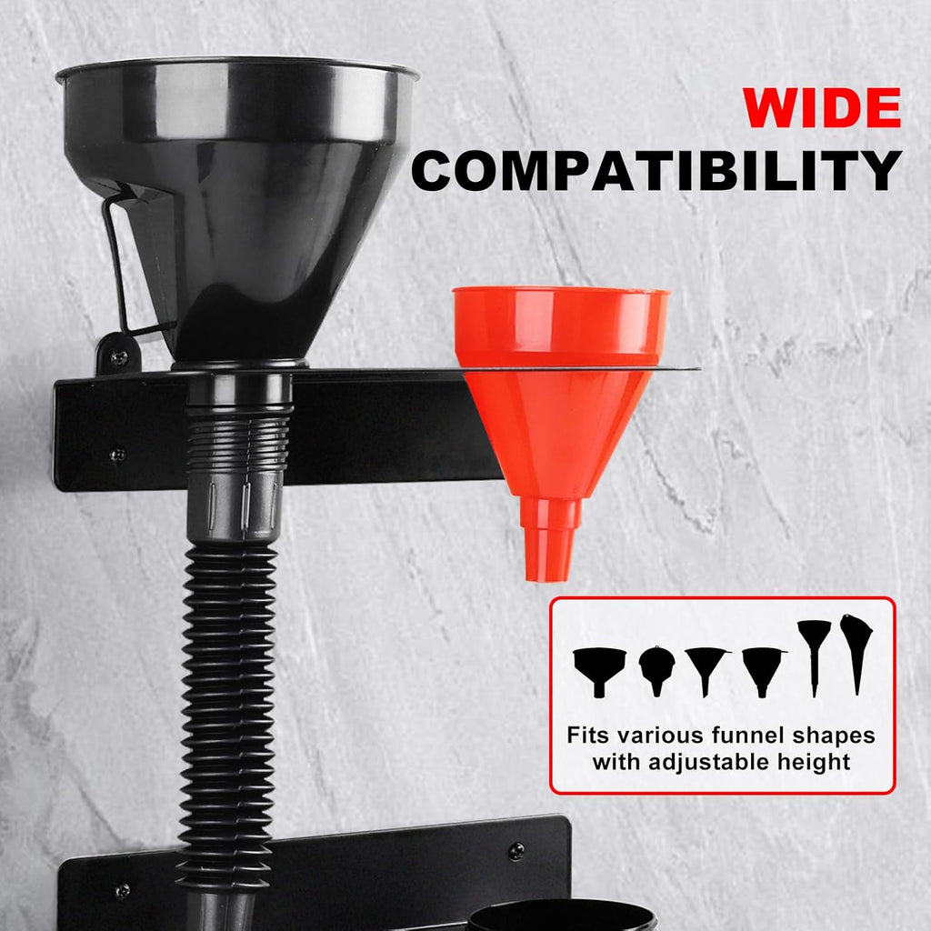 Oil Dual Funnel Holder Storage Rack Includes 2 Plastic Removable Drip Cups, Wall Mount Fluid Drain Funnel Kit Organizer Bracket for Enclosed Race Trailers, Automotive Garage Shop, Black