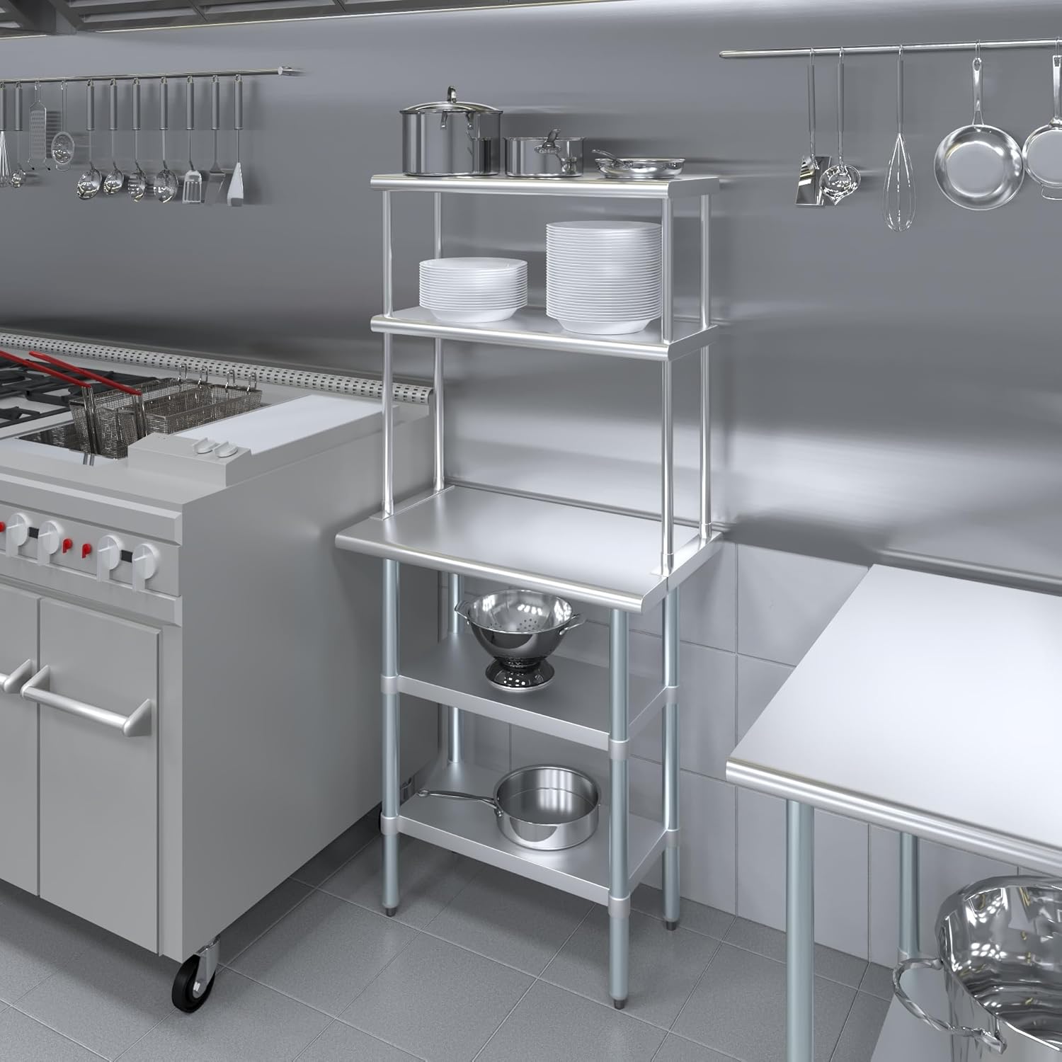 AmGood Stainless Steel Work Table with 2 Shelves | NSF (18" x 30" Table with 2 Shelves + 12" Overshelf)