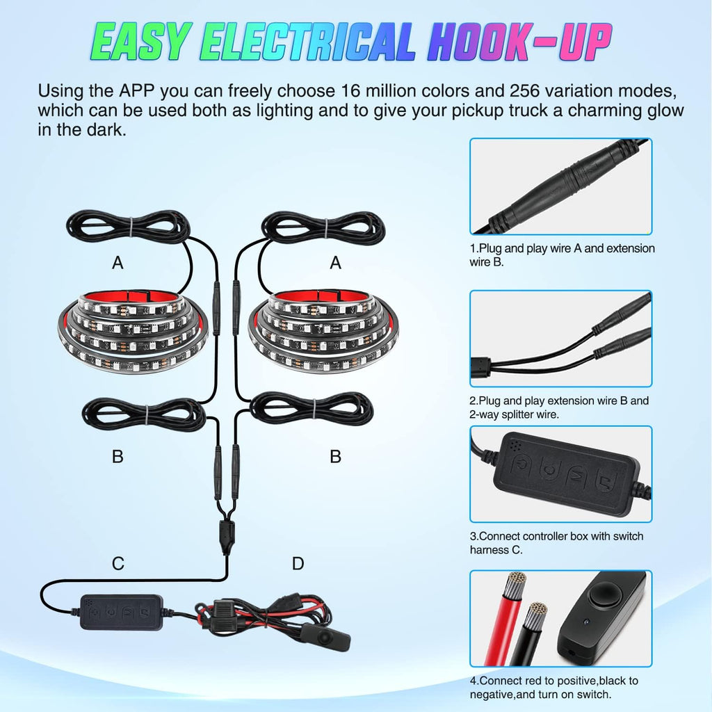 Nilight Truck Bed Light Strip RGB-IC LED Bar for Pickup Multi Dream Color DIY Music Synchronous with APP and RF Remote Control 2PCS 60 inch Cargo Lighting
