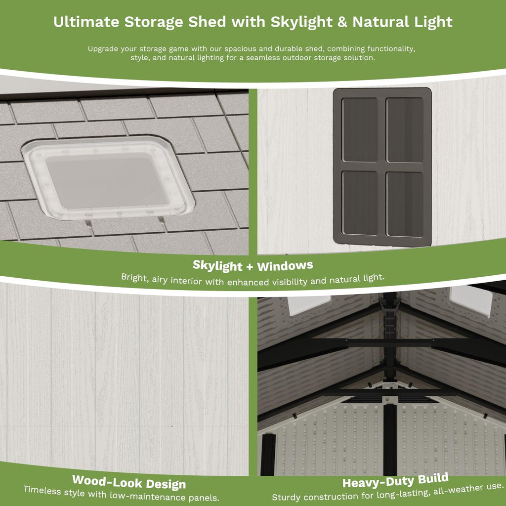 Patiowell 10x10 FT Outdoor Storage Shed, Plastic Shed with Floor and Skylight, Four-Window Resin Storage Shed with Lockable Door for Garden, Patio, Backyard, Beige