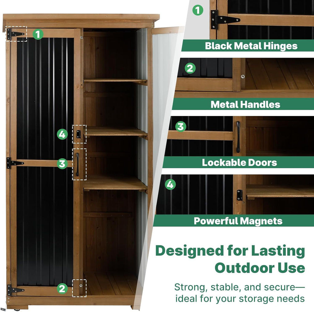 Outdoor Storage Cabinet Wood & Metal, Tall Tool Shed with Weatherproof, Double Lockable Doors, Removable 3 Shelves, Adjustable Feet for Patio, Garden, Backyard, Lawn, 32" x 15.5" x 66" (Brown)