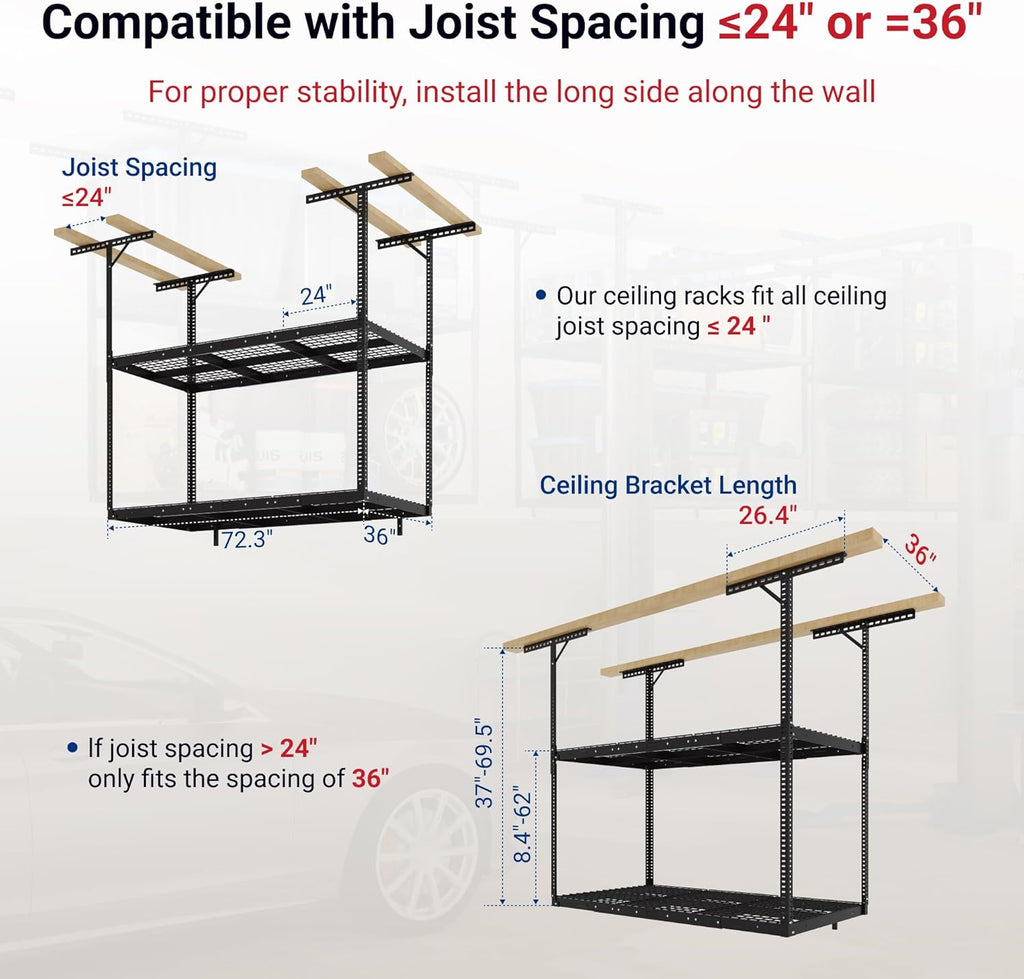 FLEXIMOUNTS 3x6 2-Tier Overhead Garage Storage Rack – Adjustable Heavy Duty Metal Garage Ceiling Storage Racks, 880 lbs Capacity – Garages Organization System for 10–15 ft Tall Garages, Black
