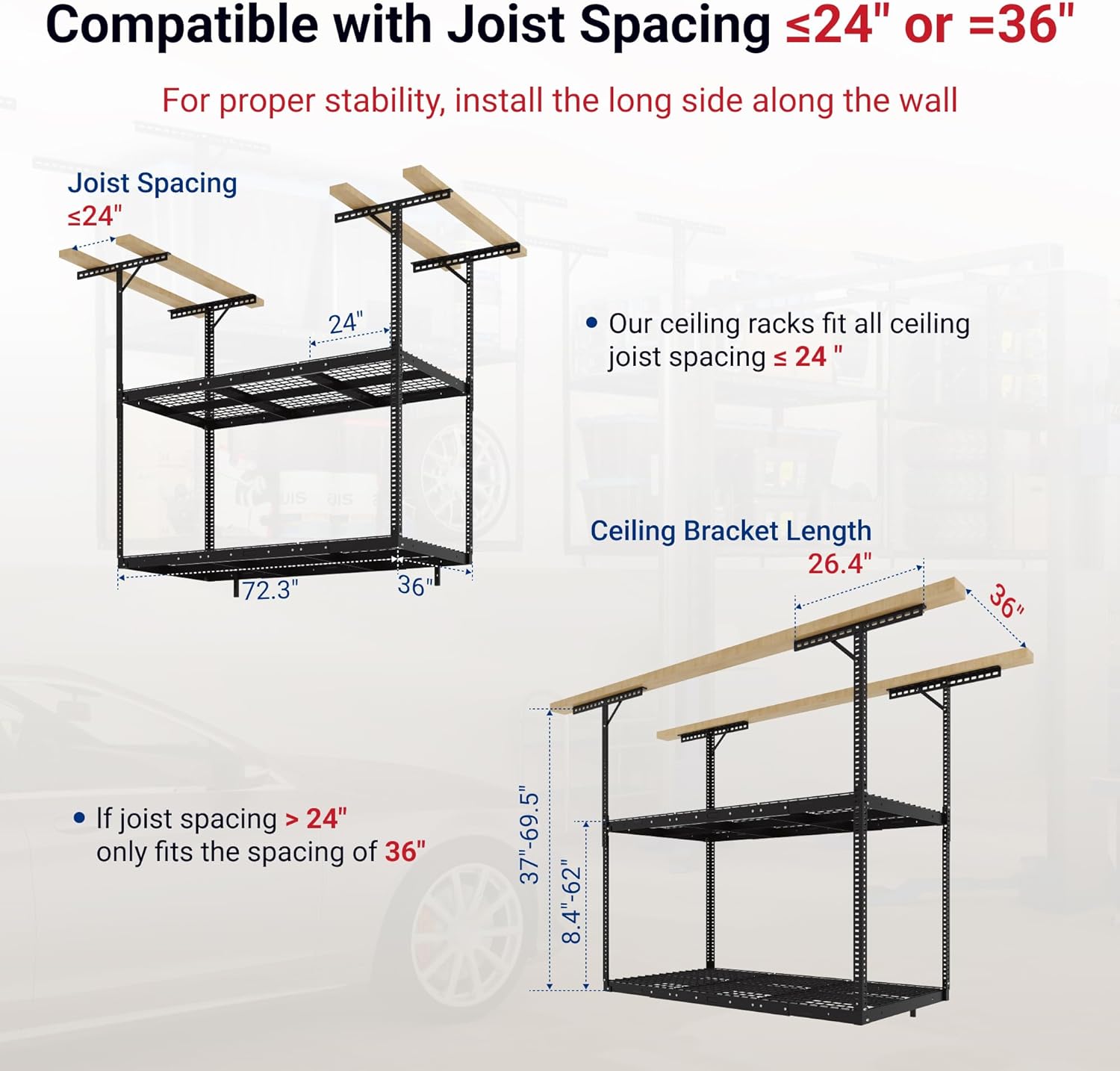 FLEXIMOUNTS 3x6 2-Tier Overhead Garage Storage Rack – Adjustable Heavy Duty Metal Garage Ceiling Storage Racks, 880 lbs Capacity – Garages Organization System for 10–15 ft Tall Garages, Black