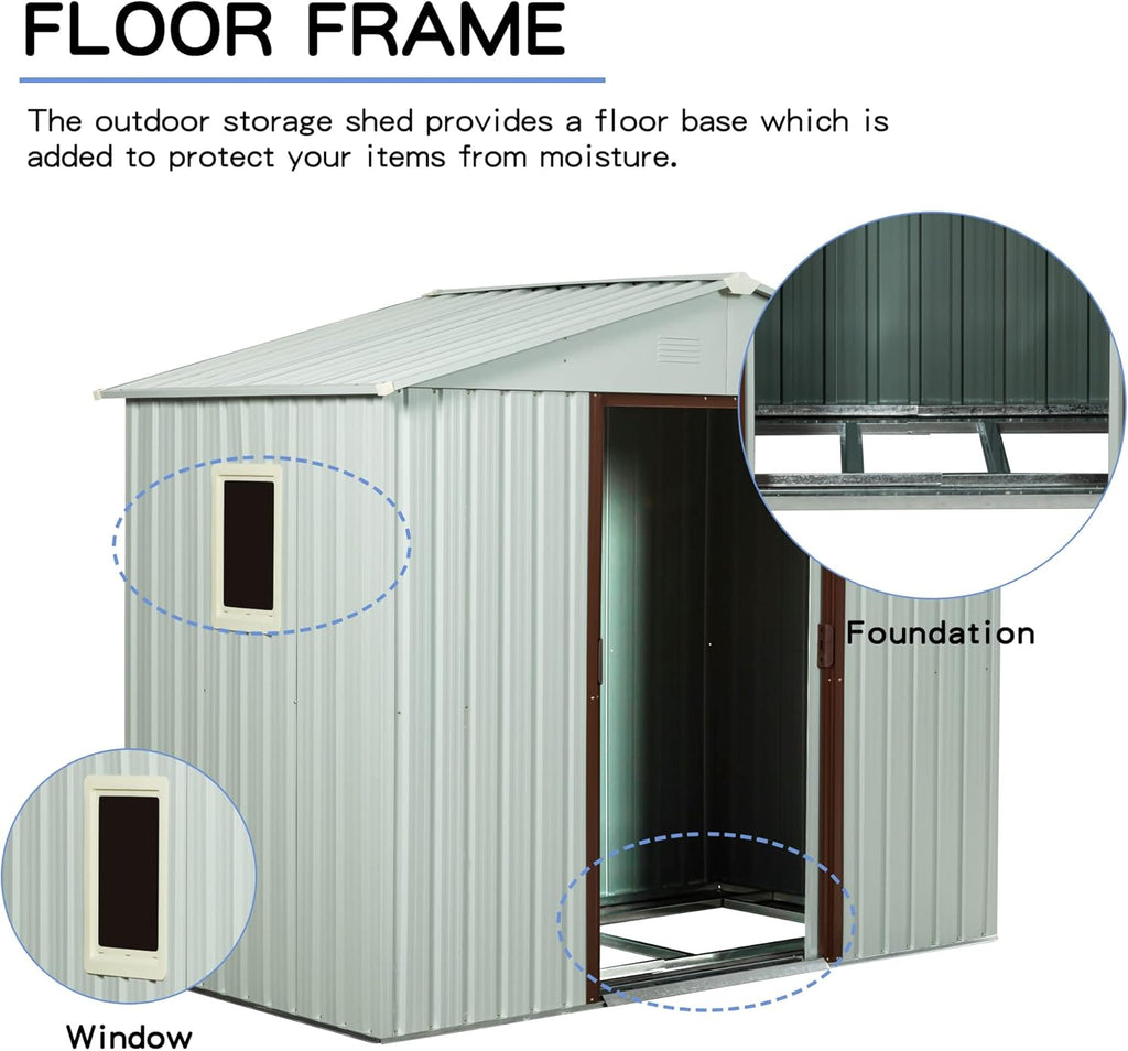 4x8 FT Outdoor Storage Shed, Metal Garden Shed with Frame Floor, Outside Tool Shed with Window, Waterproof Storage Building with Lockable Sliding Doors & Sloped Roof for Backyard, Patio, White