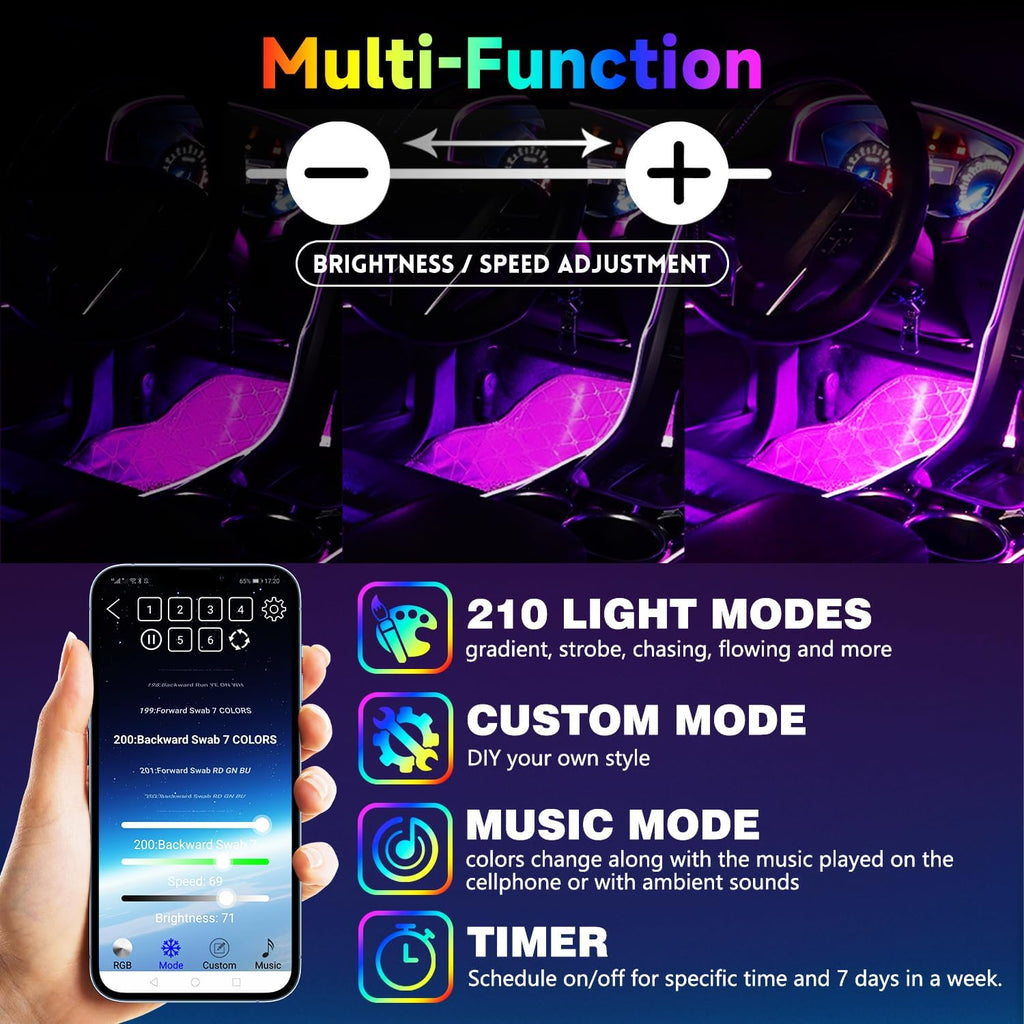 Car Led Interior Foot Well Light Strip Under Dash Bendable PVC Housing RGB 48LEDs Customizable 210 Modes Static Chase Gradient Strobe, Timer App Switch Control, USB 5V, No Remote