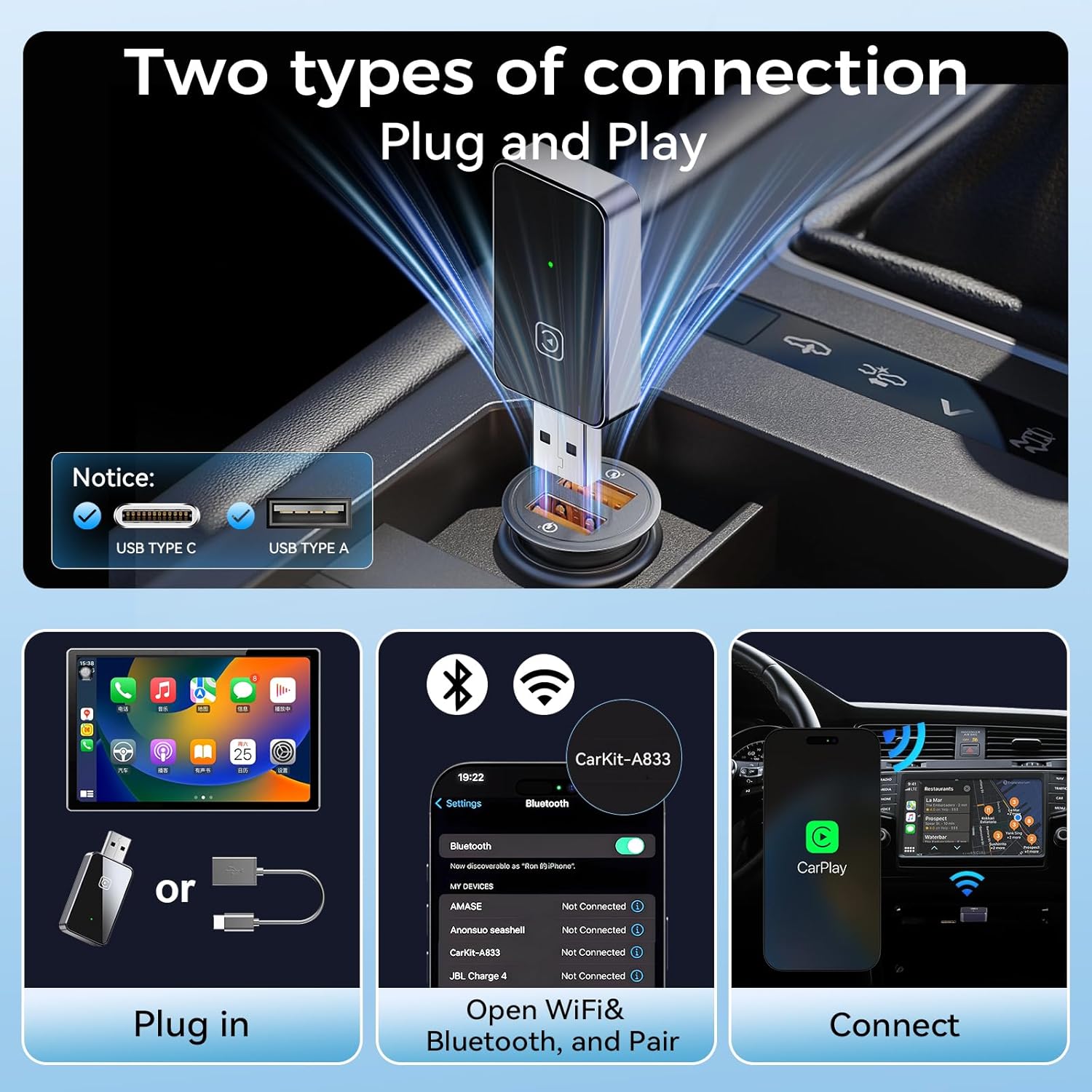 Wireless CarPlay Adapter for iPhone, for Apple CarPlay Wireless Adapter Android Auto 2 in 1, Plug and Play, Convert Wired Carplay to Mini Wire Less Car Play for iPhone iOS 10+ Android 11+