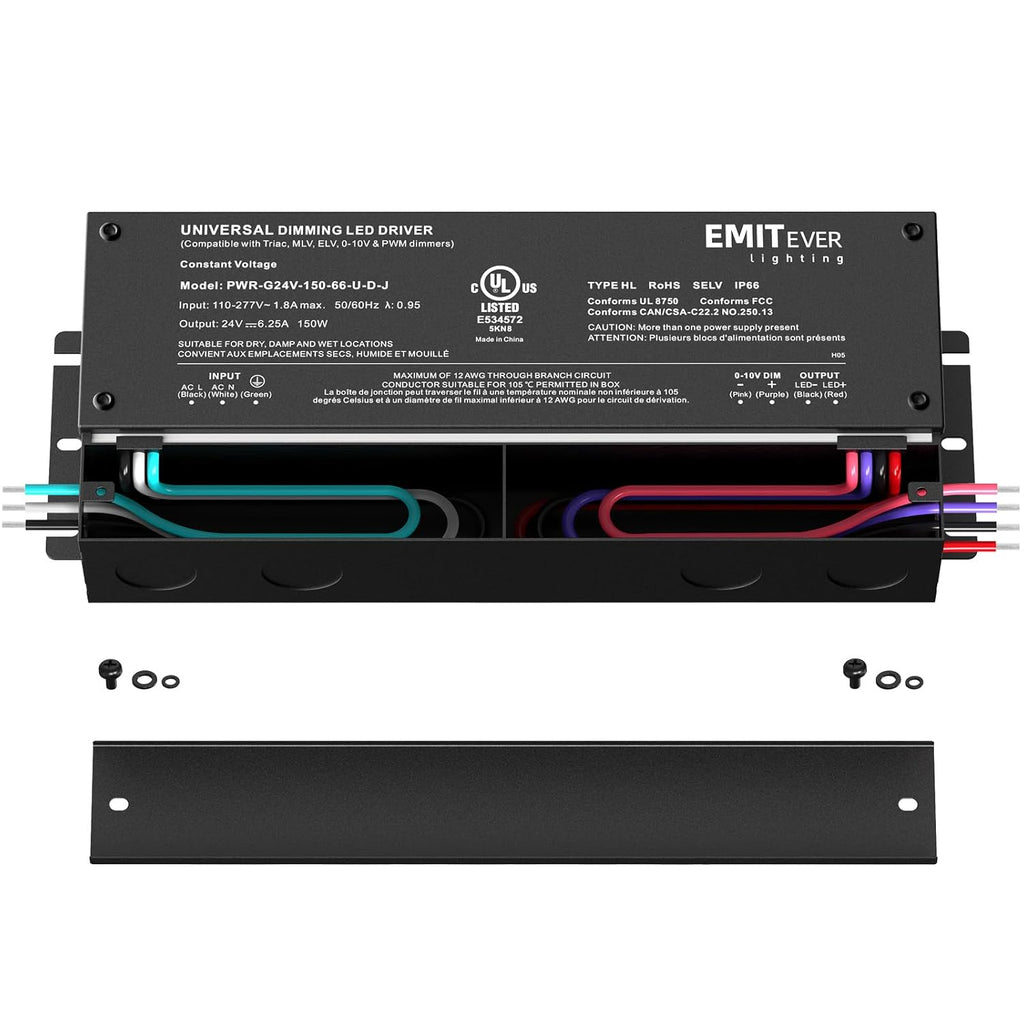 EMITEVER Dimmable Led Driver, 150W AC 110V-277V to DC 24V Transformer, 5-in-1 Dimming: ELV/MLV/TRIAC / 0-10V / 1-10V / 10V PWM/Potentiometer, Waterproof IP67 and UL Listed