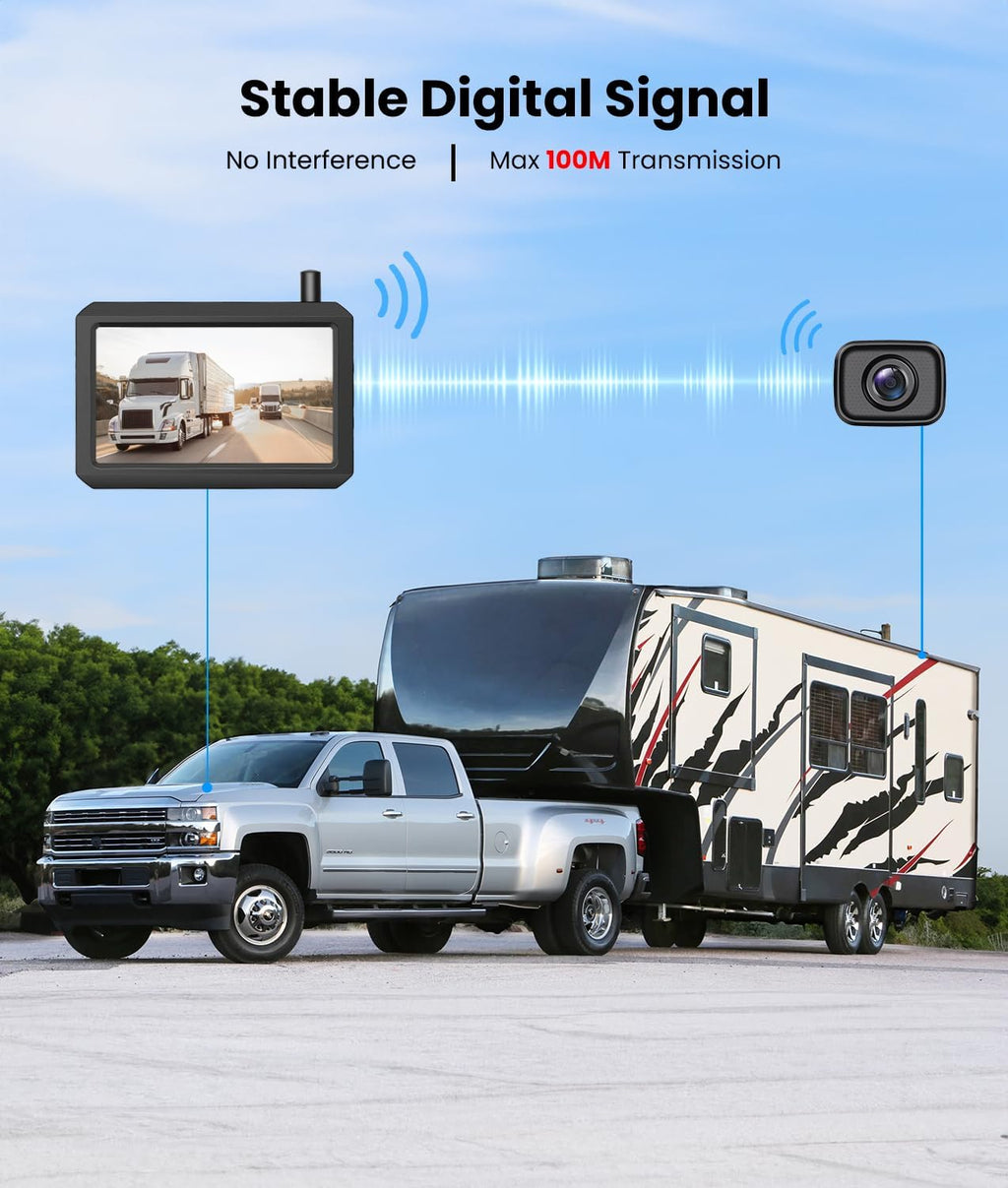 Wireless Backup Camera for Trucks: 5 Inch HD Monitor, Easy Install Stable Digital Signal Back Up Camera System, Dual Channel Color Night Vision Rear View Camera for Car Pickup SUV Van - AUTO-VOX W7Pro