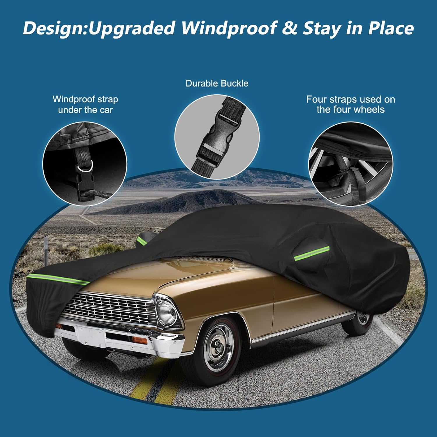 Waterproof Car Covers for Chevrolet II Nova/Nova SS 350/350 SC Sedan/Coupe 1962-1974,420D Oxford Cloth Sun Heat Protection Outdoor Full Covers with Driver Side Zipper Windproof Heavy Duty All Weather