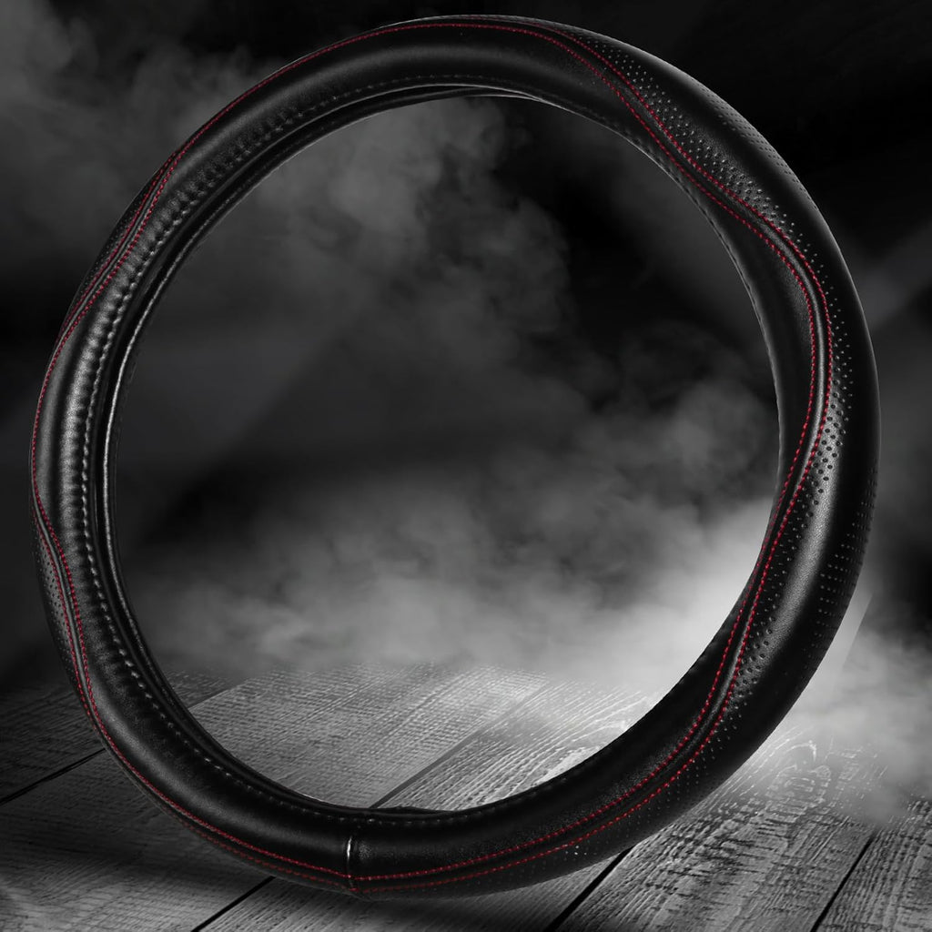 HAOKAY Top Grade Black Genuine Leather Steering Wheel Cover Men Women, Luxury Steering Wheel Cover for Cars, SUVS and Trucks, Universal 14.5-15 inch