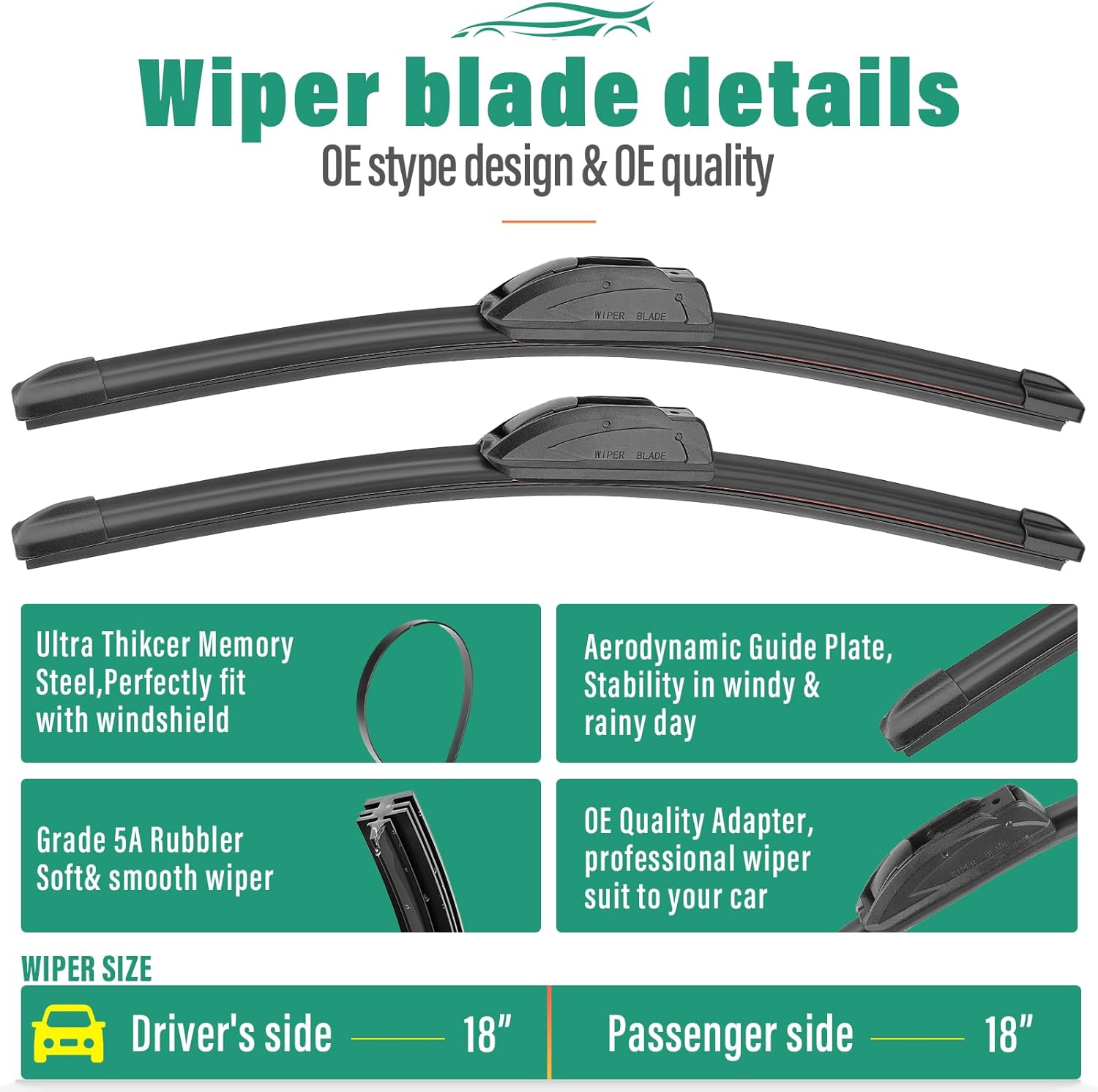 18" 18" 11" Windshield Wiper Blades Replacement for Chevy Chevrolet HHR 2006 2007 2008 2009 2010 2011 Premium All Weather Front Rear Wipers Set - OEM Quality (Pack of 3)