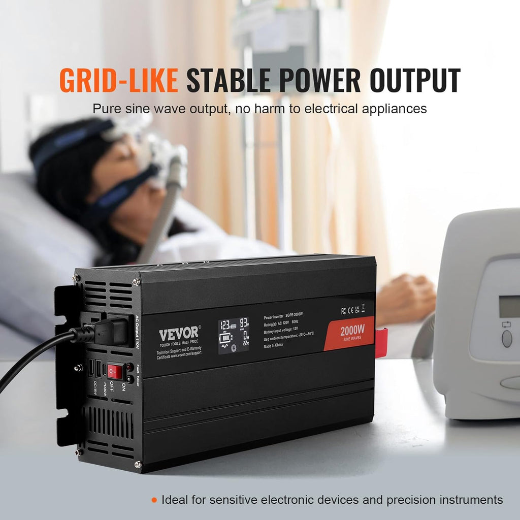 VEVOR Pure Sine Wave Inverter, 2000 Watt, DC 12V to AC 120V Power Inverter with 2 AC Outlets 2 USB Port 1 Type-C Port, LCD Display and Remote Controller for Medium-Sized Household Equipment, CE FCC