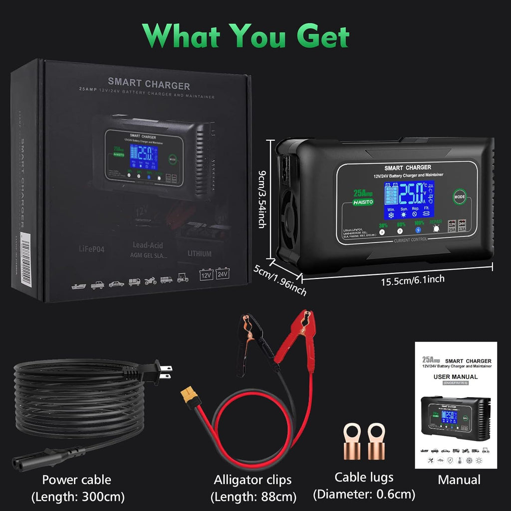 25 Amp Lithium Battery Charger, 12V and 24V Lifepo4,Lead-Acid(AGM/Gel/SLA..) Battery Charger,Battery Maintainer, Trickle Charger, and Battery Desulfator for Car,Boat,Motorcycle, Lawn Mower.
